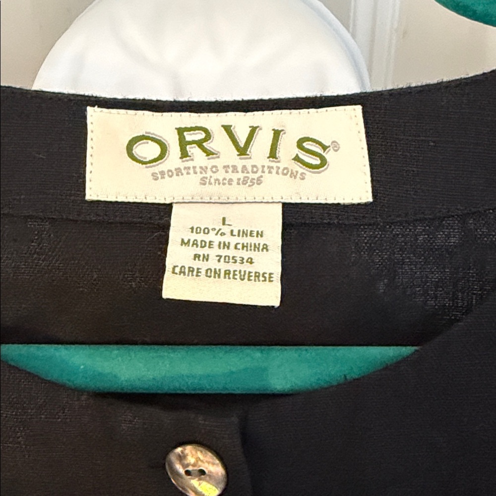 Orvis Retro Linen Shirt Button Front Cropped Elevated Basic Black Lagenlook L - Picture 2 of 4
